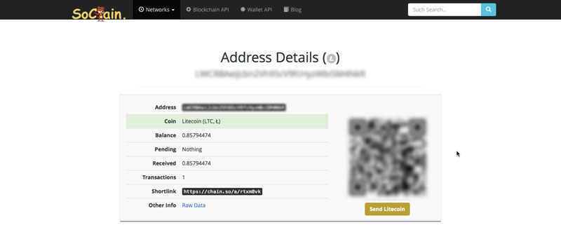 Online block reader showing a Litecoin address with a balance.