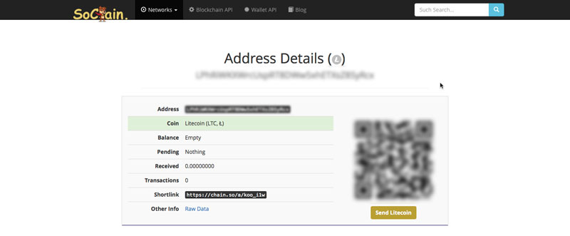 Online block reader showing a Litecoin address without a balance or transaction history.